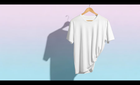 Plain white t shirt displayed on a wooden hanger, casting a sharp shadow against a soft pink and blue gradient wall, perfect for mockup designsの素材