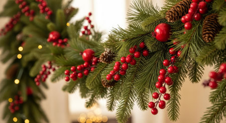 Close up of a festive Christmas garland featuring vibrant red berries, natural pinecones, and lush green pine needles, enhanced by soft bokeh lightsの素材