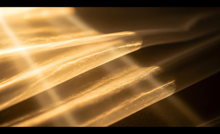Shimmering golden fabric features textured folds beautifully illuminated by warm, ethereal light, creating a luxurious and elegant abstract backgroundの素材