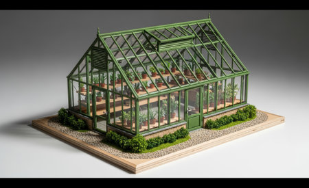 Carefully crafted miniature model of a classic green greenhouse, showcasing various potted plants arranged on wooden shelves inside, set on a base with a gravel path and small bushesの素材