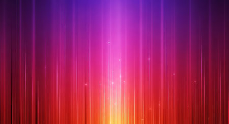 Abstract background features a vivid gradient transitioning from purple to red and orange, illuminated by numerous vertical glowing light lines and subtle sparksの素材
