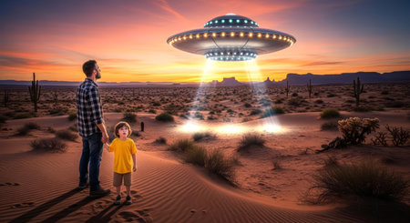 Standing hand in hand, a man and his son look up in wonder at a brightly lit UFO hovering over a desert landscape bathed in the warm glow of sunsetの素材