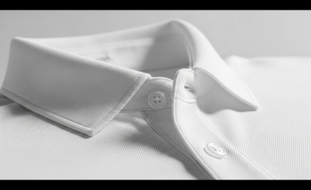 Detailed shot of a classic white polo shirt, showcasing the neat collar, button placket, and pique fabric texture Bright, minimalist background highlights garment qualityの素材