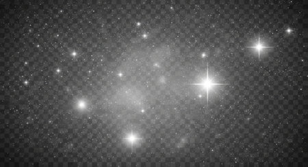 Vast cosmic background featuring numerous sparkling stars and luminous celestial bodies with lens flare effects, perfect for overlayingの素材