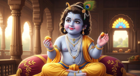 Portrait of baby Krishna with blue skin, holding and eating a laddoo, adorned in traditional jewelry and a peacock feather headpiece Sitting in a lavish palace setting with warm lightの素材