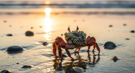 Encrusted crab slowly makes its way across wet sand, illuminated by the warm glow of the setting sun reflecting on the ocean surfaceの素材