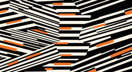 Abstract geometric pattern with dynamic black and white stripes interspersed with vibrant orange rectangular elements, creating a modern and energetic visualの素材