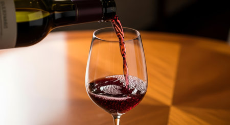 Vibrant red wine cascades from a bottle into a delicate wine glass, creating effervescent bubbles against a warm, reflective backgroundの素材