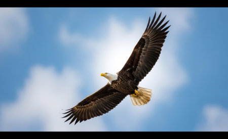 Majestic bald eagle captured mid flight with its impressive wings fully extended, soaring against a bright blue sky with soft white cloudsの素材