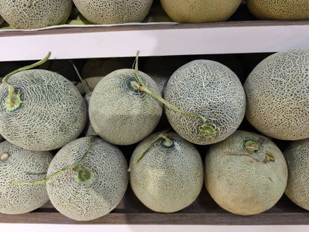 Arrangement of freshly picked netted melons showcasing their intricate skin texture These ripe green fruits are neatly stacked on a wooden shelfの写真素材