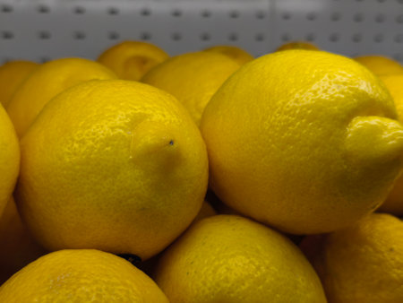 Cluster of bright yellow lemons, their bumpy skin visible, ready for culinary useの写真素材