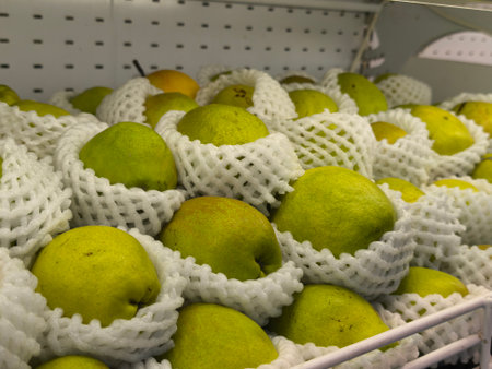 Close up view shows a vibrant pile of fresh green pears, each carefully protected with white foam netting in a supermarket displayの写真素材