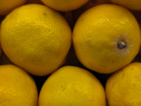 Vibrant yellow lemons with their characteristic bumpy, textured peels fill the frame These fresh citrus fruits are ready for useの写真素材