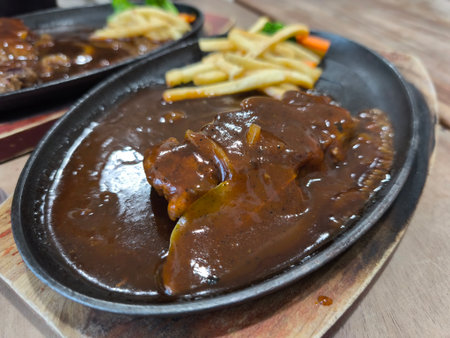 Delicious chicken steak is served with rich brown gravy, crispy french fries, and steamed vegetables on a hot sizzling plate, ready to eat in a restaurant settingの写真素材