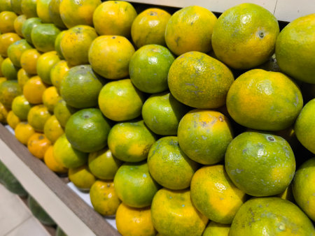 Fresh green and yellow oranges are neatly stacked on shelves in a market, ready for purchaseの写真素材