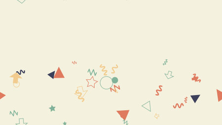 Abstract design featuring various colorful geometric shapes on a beige backgroundの写真素材