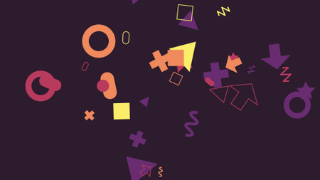 Vibrant geometric shapes on dark purple background with various colors and patterns