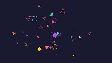 Vibrant abstract shapes scattered on a dark blue background