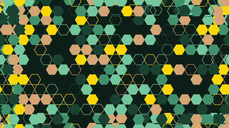 A vibrant and intricate pattern of multicolored hexagons on a dark background.