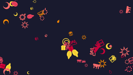 Vibrant astrology symbols scattered on a dark blue background, representing zodiac signs and celestial elements.の写真素材