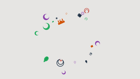 Assorted colorful shapes and icons in a circular arrangement against a plain background
