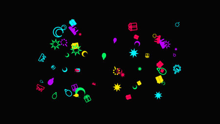 Vibrant neon lights and shapes on a dark background, creating a festive atmosphere.の写真素材