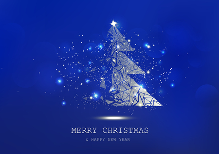Merry Christmas, tree polygon, confetti, golden glowing particles scatter, poster, postcard Blue luxury in winter background seasonal holiday vector illustrationのイラスト素材