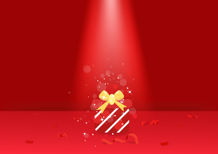 Gift and confetti ribbon on the floor, spotlight red theme, greeting card celebration seasonal holidays, vector abstract background illustrationのイラスト素材