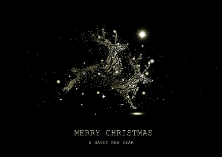 Merry Christmas, Golden glowing reindeer fantasy miracle, confetti stars sparkle, animals guardian luxury background seasonal holiday vector illustrationのイラスト素材