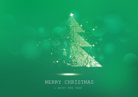 Merry Christmas, tree polygon, confetti, golden glowing particles scatter, poster, postcard green luxury background seasonal holiday vector illustrationのイラスト素材