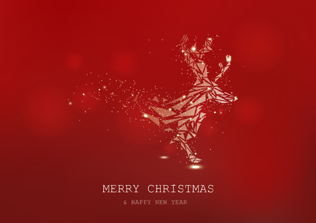 Golden reindeer, low polygon, confetti, glowing particles scatter, poster, postcard luxury background seasonal holiday vector illustrationのイラスト素材