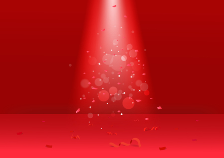 Confetti and ribbons falling on the floor, Stage awards, spotlight red theme Christmas and happy new year, greeting celebration seasonal holidays postcard, vector background illustrationのイラスト素材