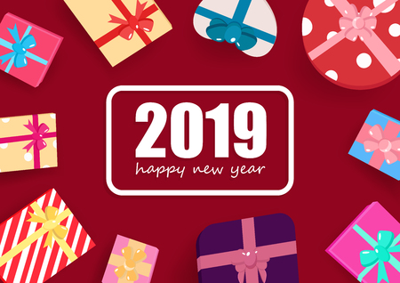 Happy new year, 2019, gift celebration seasonal holidays top view flat design, greeting card, poster vector background illustrationのイラスト素材