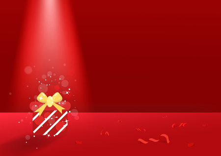 Gift and confetti ribbon on the floor, spotlight red theme Christmas and happy new year, greeting celebration seasonal holidays postcard, vector background illustrationのイラスト素材