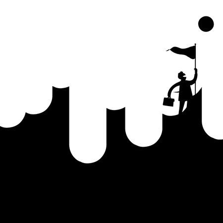 Silhouette successful businessman standing on peak of mountain under the moon shiny at night abstract background vector illustrationのイラスト素材