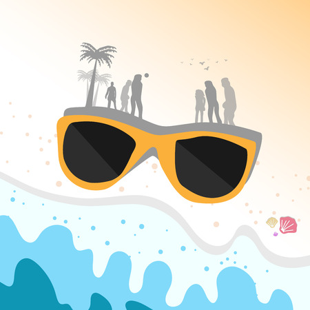 Sunglass on sea beach with silhouette people playing volley ball at evening relaxing time abstract background vector illustration ideaのイラスト素材