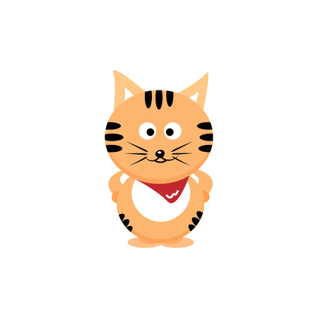 Cat, tiger with red scarves cartoon cute character flat design isolated on white abstract background vector illustrationのイラスト素材
