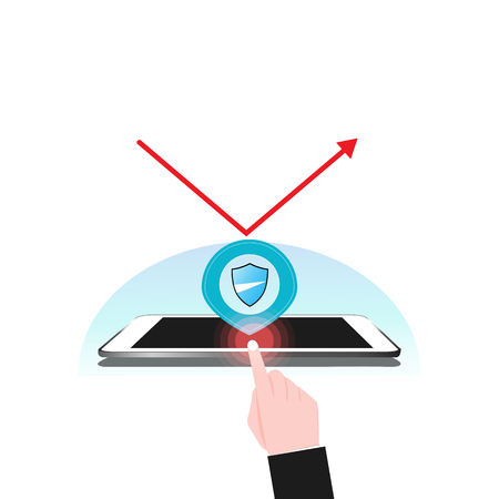 Tablet and mobile phone Data Security system Shield Protection Verification with finger touch screen and arrow scatter flat design vector illustrationのイラスト素材