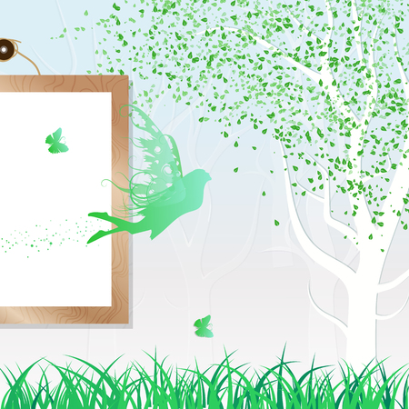 Fairy, butterfly and nature leaves falling scatter green fresh concept abstract background with wooden frame vector illustrationのイラスト素材