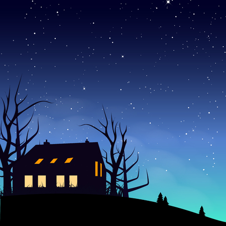 House silhouette poster night scene with stars scatter galaxy and space concept abstract background vector illustrationのイラスト素材