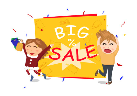 Big Sale event, shopping mall, end of season, gift and celebration holiday, kids cute cartoon style character vectorのイラスト素材
