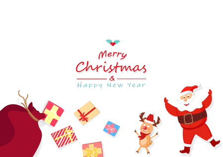 Merry Christmas and happy new year, Santa Claus, reindeer and gift, cartoon collection, greeting postcard celebrate holidays, background vector illustrationのイラスト素材