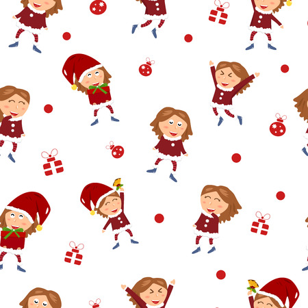 Merry Christmas, winter holiday, cute girl character celebrate her gift and happy new year, seamless pattern cartoon, background vector illustrationのイラスト素材