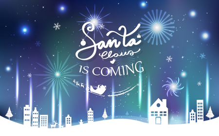 Santa is coming, celebration, aurora light with fireworks, Merry Christmas and happy new year, night scene poster, calligraphy, winter holiday abstract background vector illustrationのイラスト素材