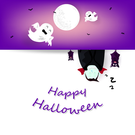 Vampire hanging with bats, spooky cartoon poster banner card, cute character background holiday vector illustrationのイラスト素材