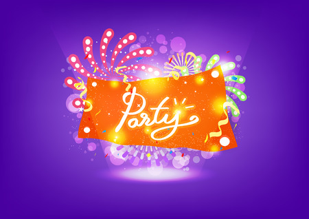 Party, celebration fireworks explosion, creative banner poster design, Ribbons, balloons and confetii, dust sparkle blinking abstract background vector illustrationのイラスト素材