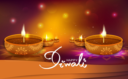 Ilustración de Diwali, gold light way sparkle shining festival celebration, oil candle lamp decoration, Hindu and muslim, perspective background vector illustration - Imagen libre de derechos