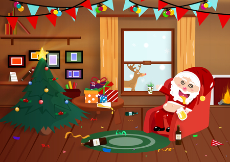 Santa Claus drunk on Christmas night, flat interior, party celebration cartoon poster, postcard, winter holiday season background vector illustrationのイラスト素材