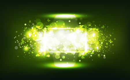 Green nature, stars neon frame celebration confetti, leaves and buttefly scatter bright glowing, Bokeh blurry abstract background vector illustrationのイラスト素材