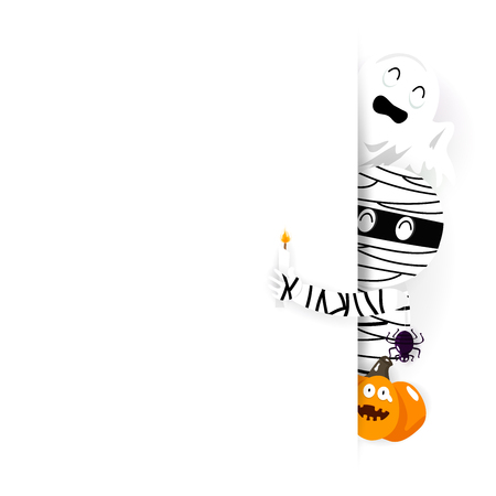 Halloween card, happy celebrate mummy, spooky, spider and pumpkin cute cartoon character for kids background vector illustrationのイラスト素材